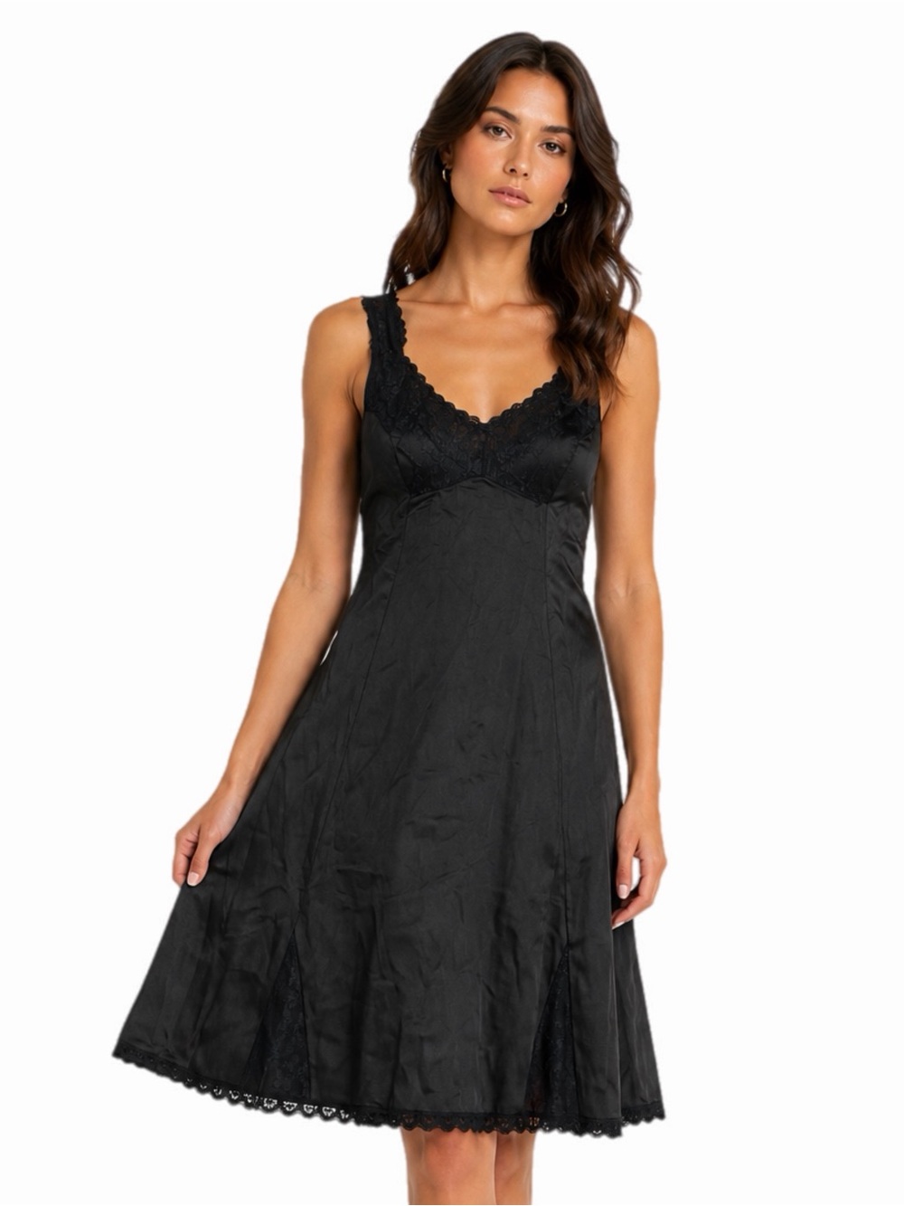70s European Vintage Triumph Silky Lace Accent Midi Slip Dress (Black) Size M